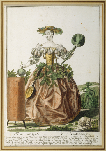 Femme d'Apoticaire. / Eine Apoteckerin. Hand coloured engraving Published around 1700 The female apothecary is partly composed of items commonly used in an apothecary's shop.